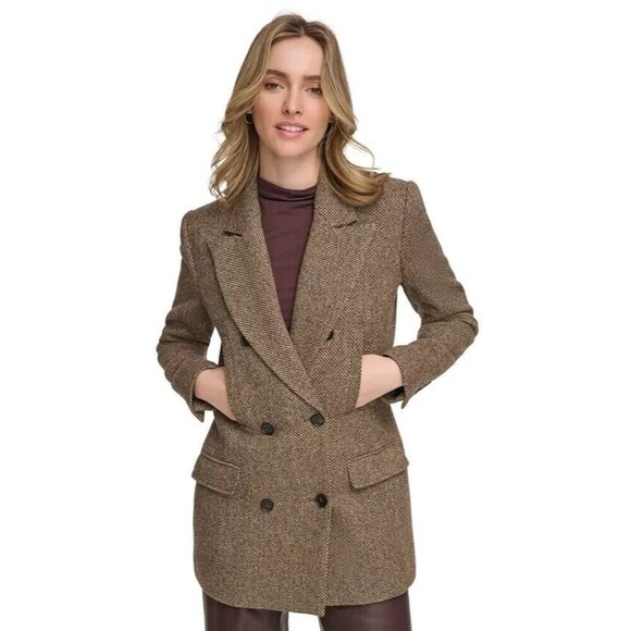 Calvin Klein Women's X-Fit Textured Wool Double-Breasted Blazer Jacket Brown 10 - Picture 1 of 5